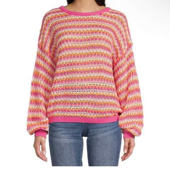 BLU PEPPER: pink white orange crochet stripe sweater w tie back! New! M - Picture 3 of 7